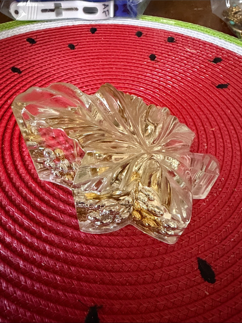 Vintage Clear Glass Leaf Dish on Red Mat